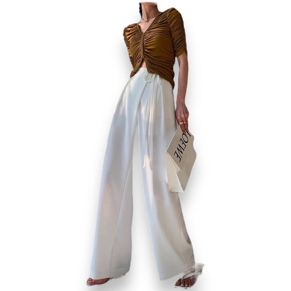 Commense Tie Waist Flowy Wide Leg Dress Pants in Ivory Women's M Neutral Classy